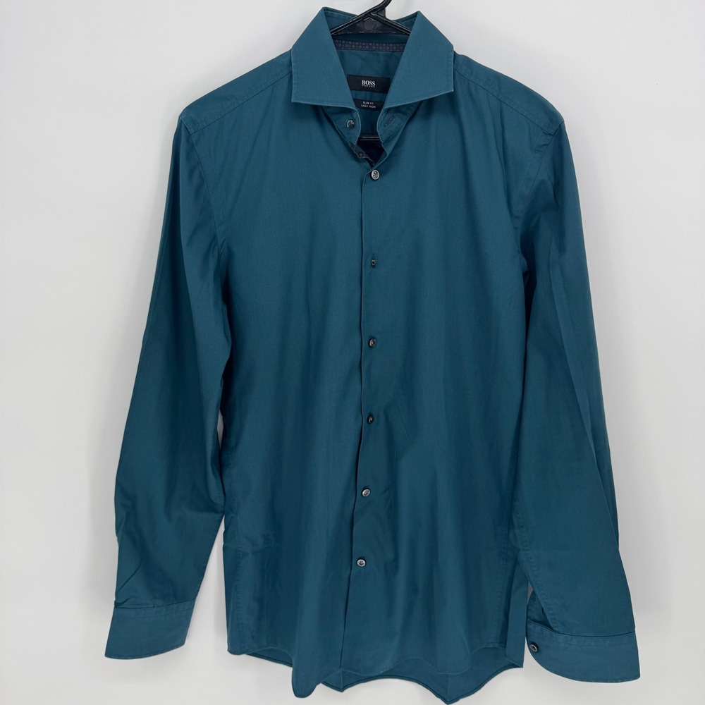 BOSS Hugo Boss Slim Fit Easy Iron Dress Shirt Teal Green Men Size 15 38‎